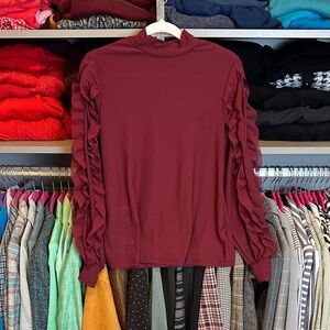 A Love Story maroon long ruffle sleeve mock neck top size S